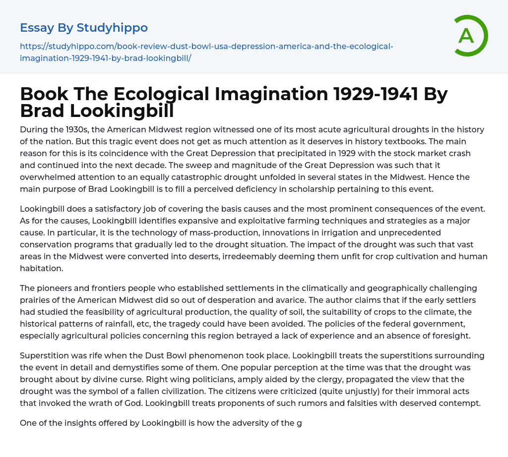Book The Ecological Imagination 1929-1941 By Brad Lookingbill Essay Example