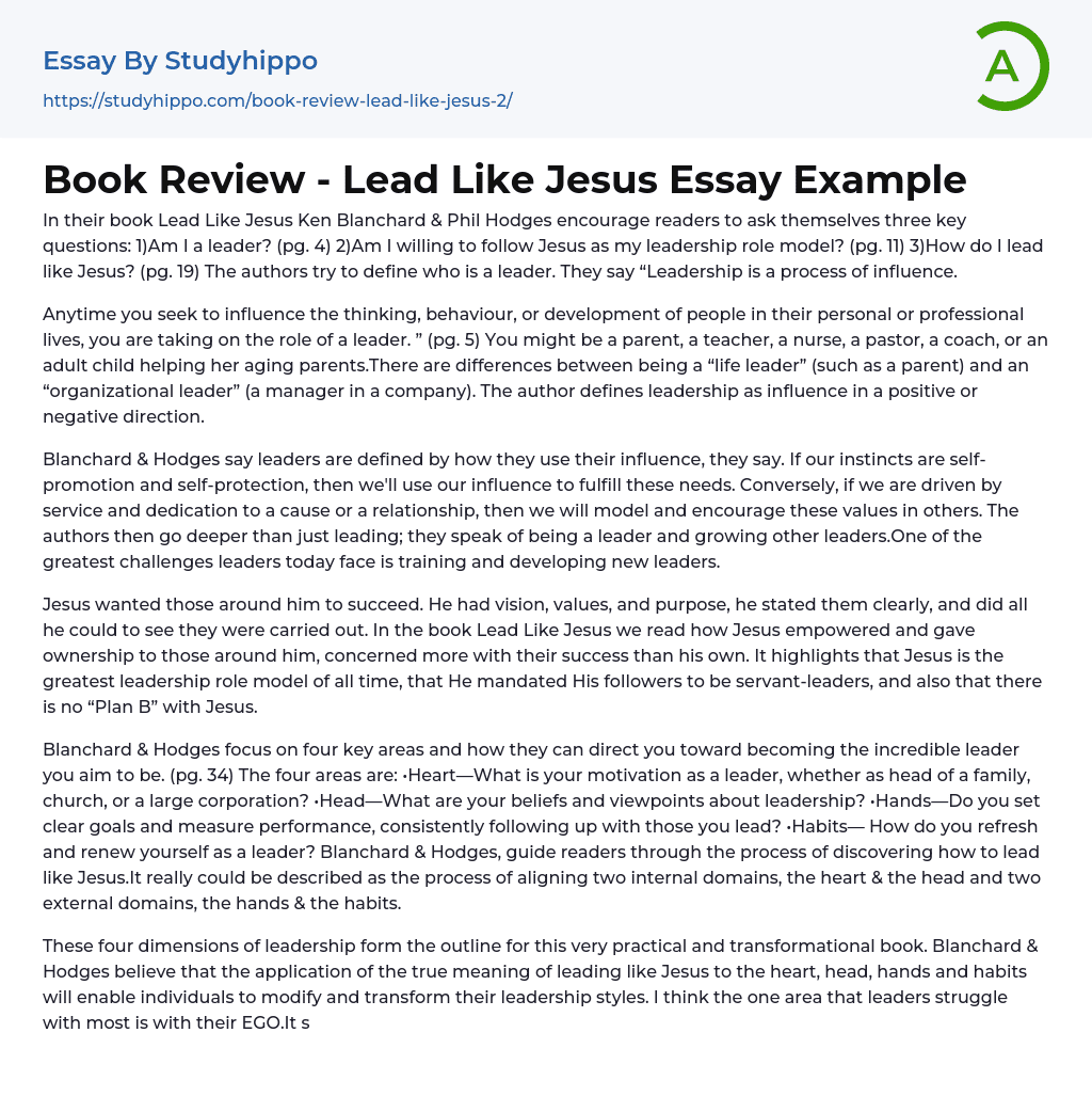 Book Review – Lead Like Jesus Essay Example