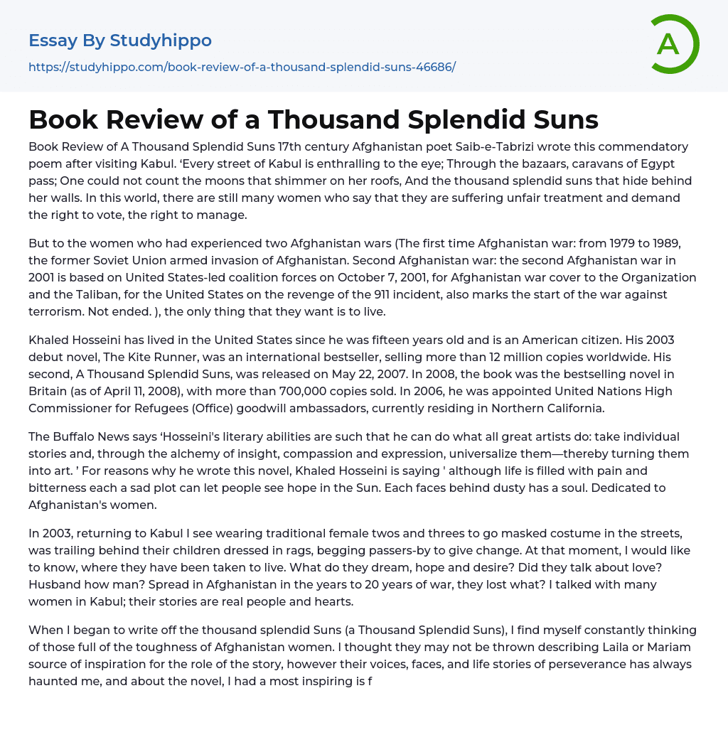 Book Review of a Thousand Splendid Suns Essay Example
