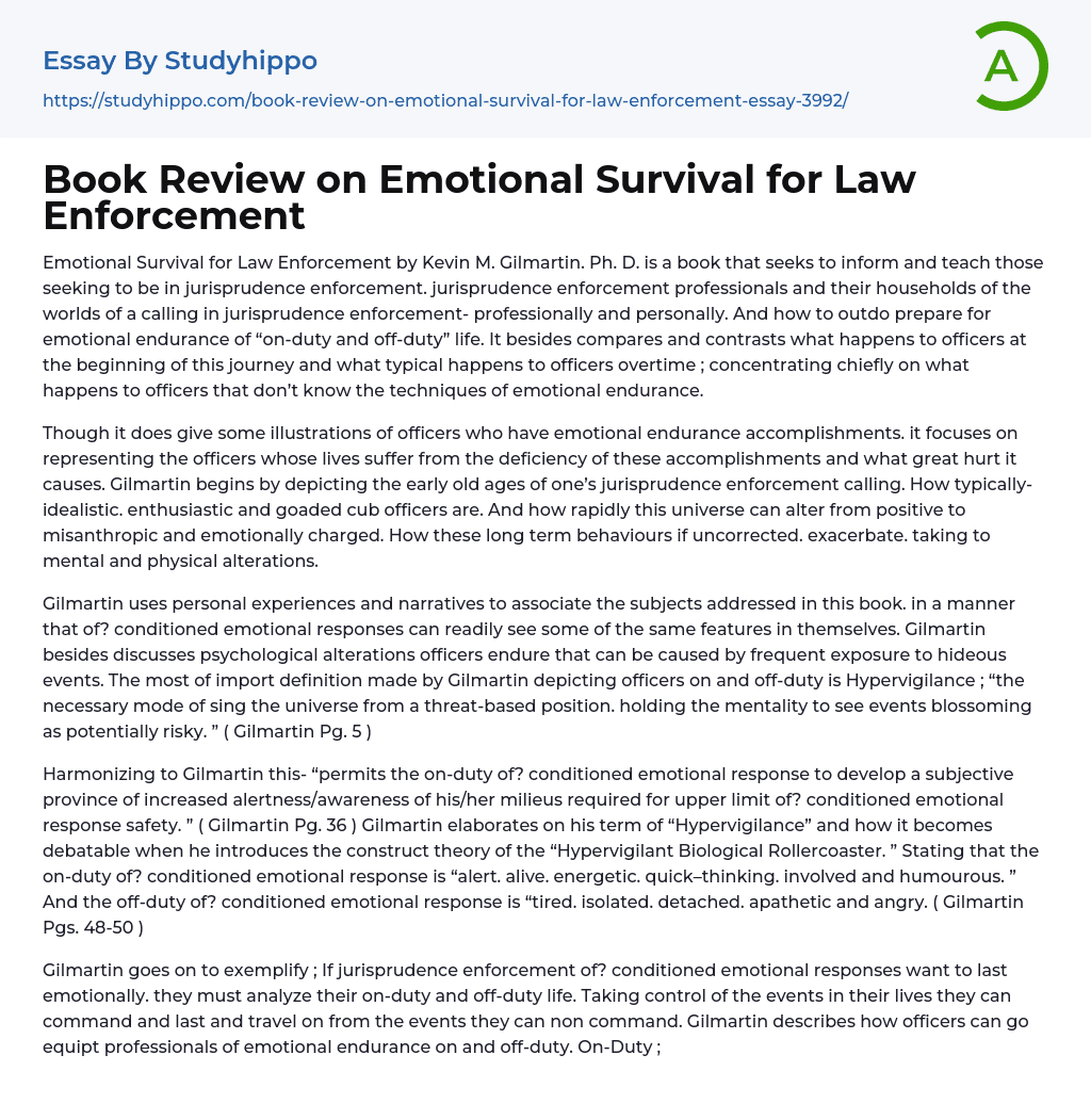 Book Review on Emotional Survival for Law Enforcement Essay Example
