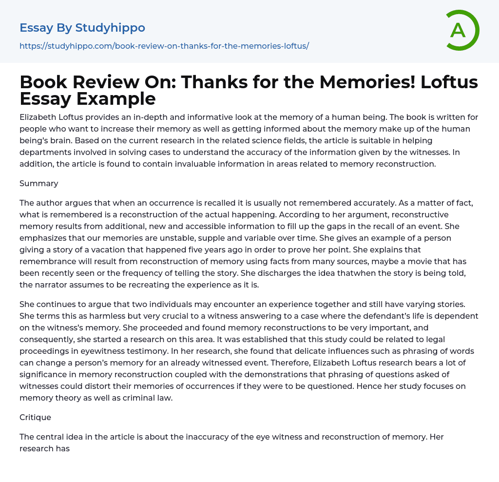 Book Review On: Thanks for the Memories! Loftus Essay Example
