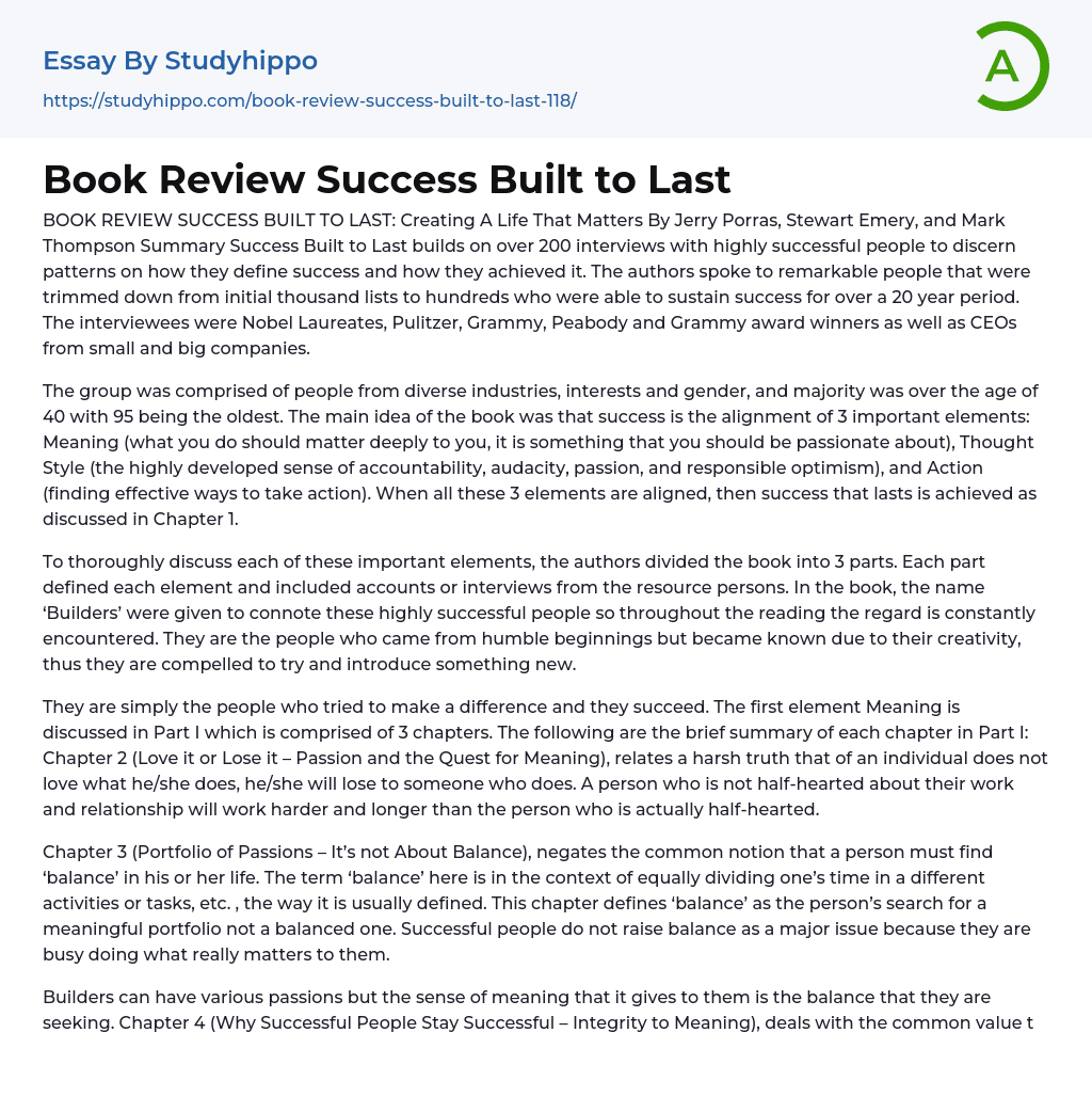 Book Review Success Built to Last Essay Example
