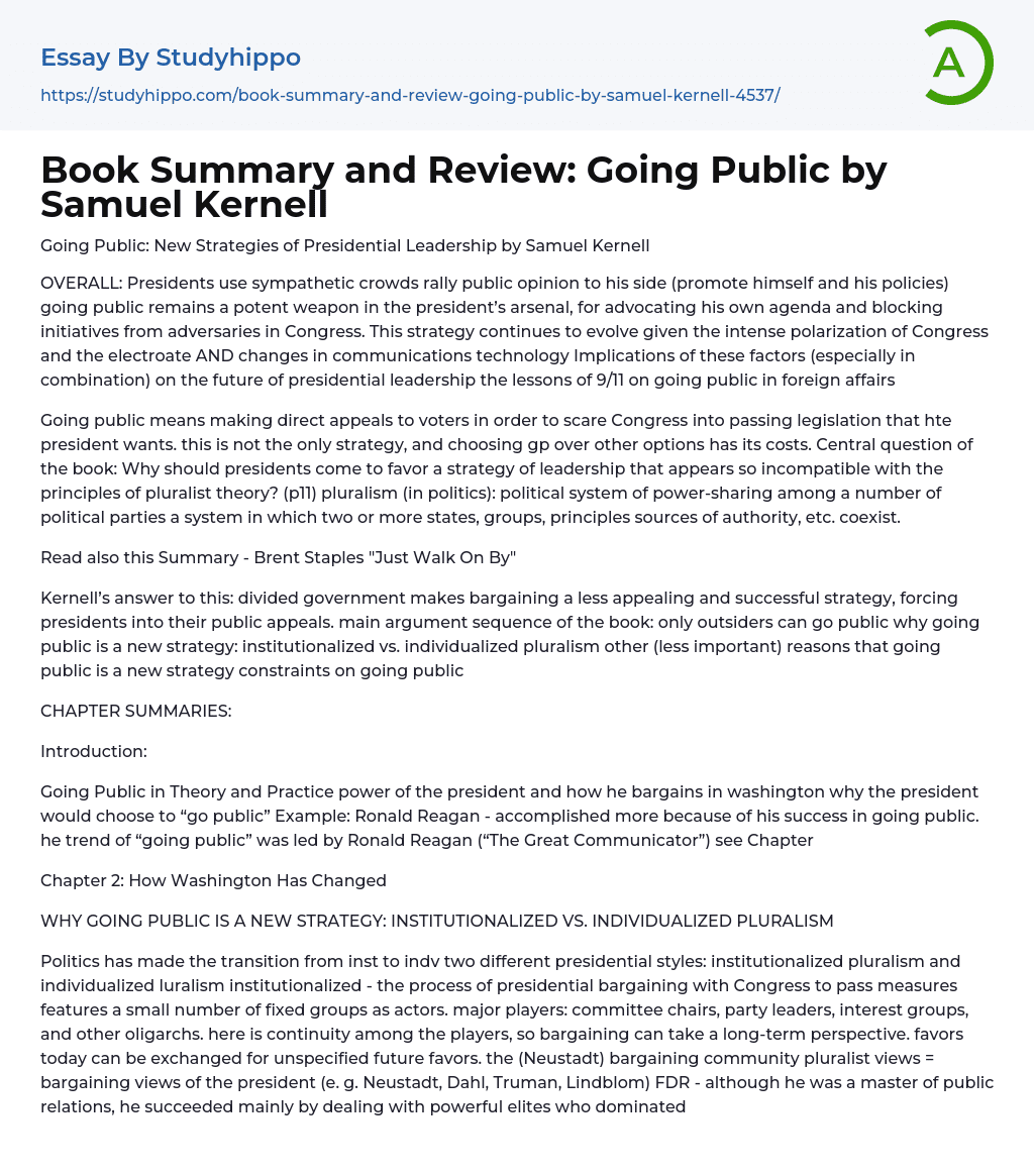 Book Summary and Review: Going Public by Samuel Kernell Essay Example