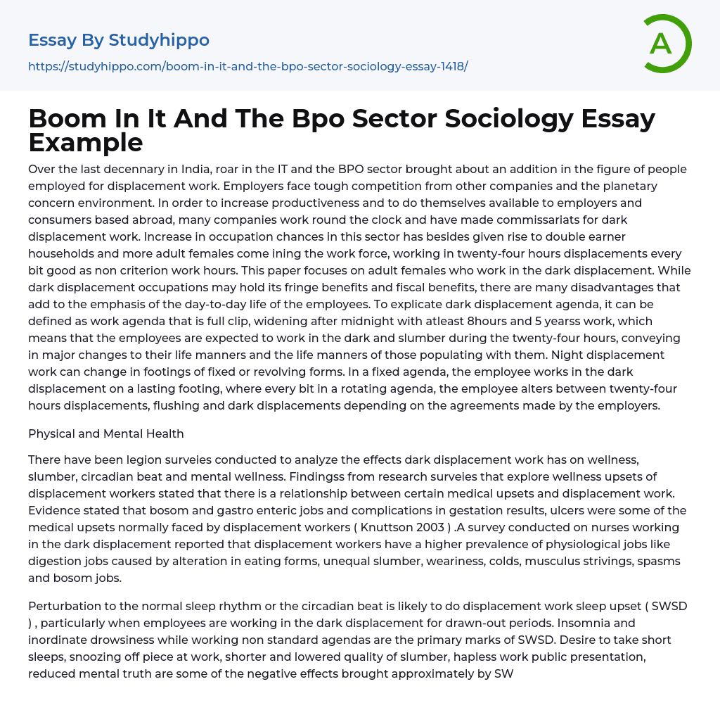 Boom In It And The Bpo Sector Sociology Essay Example