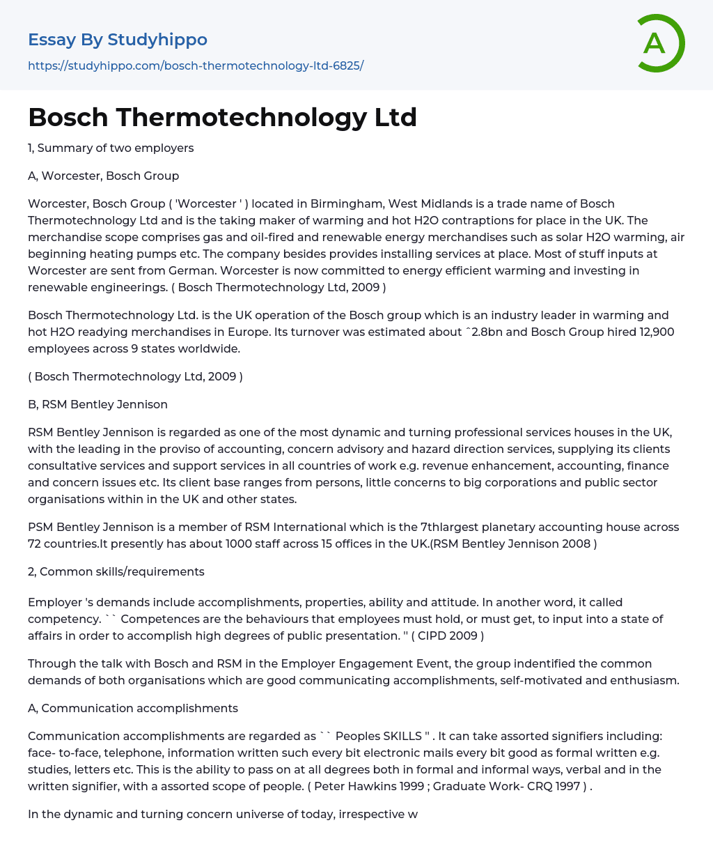 Bosch Thermotechnology Ltd Essay Example