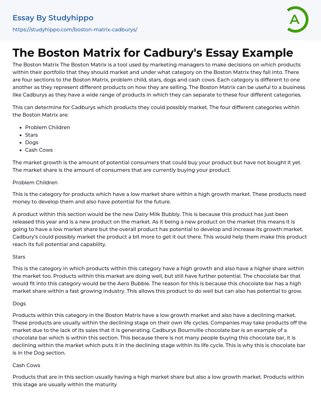 The Boston Matrix for Cadbury’s Essay Example