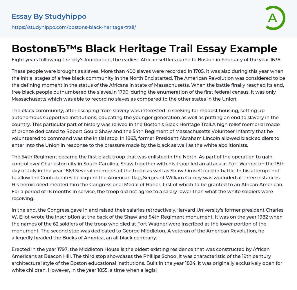 Boston’s Black Heritage Trail Essay Example