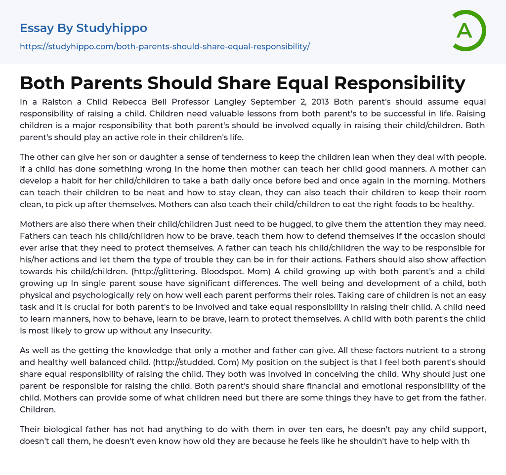 Both Parents Should Share Equal Responsibility Essay Example