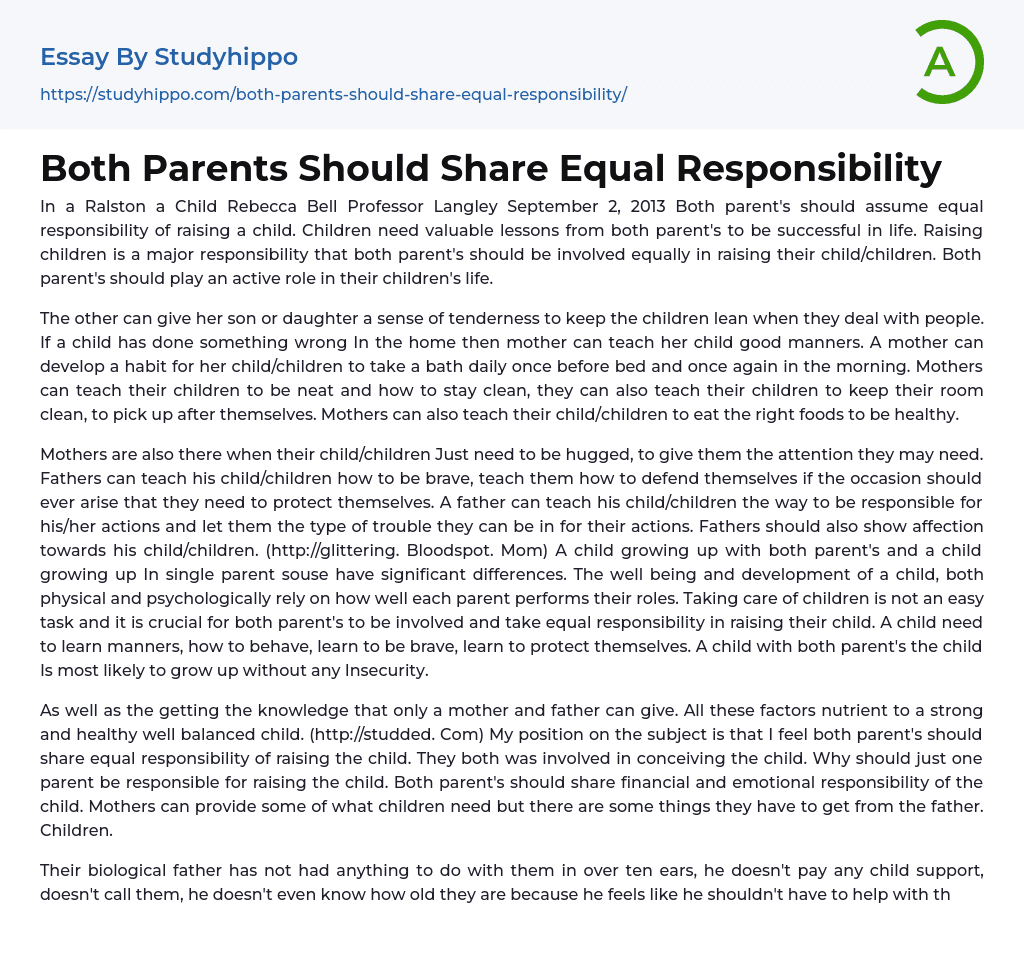 Both Parents Should Share Equal Responsibility Essay Example 