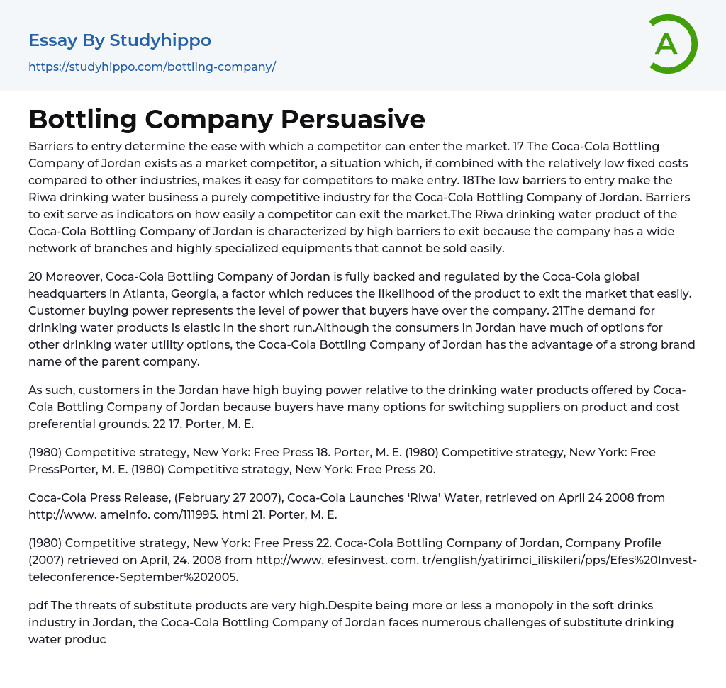 Bottling Company Persuasive Essay Example