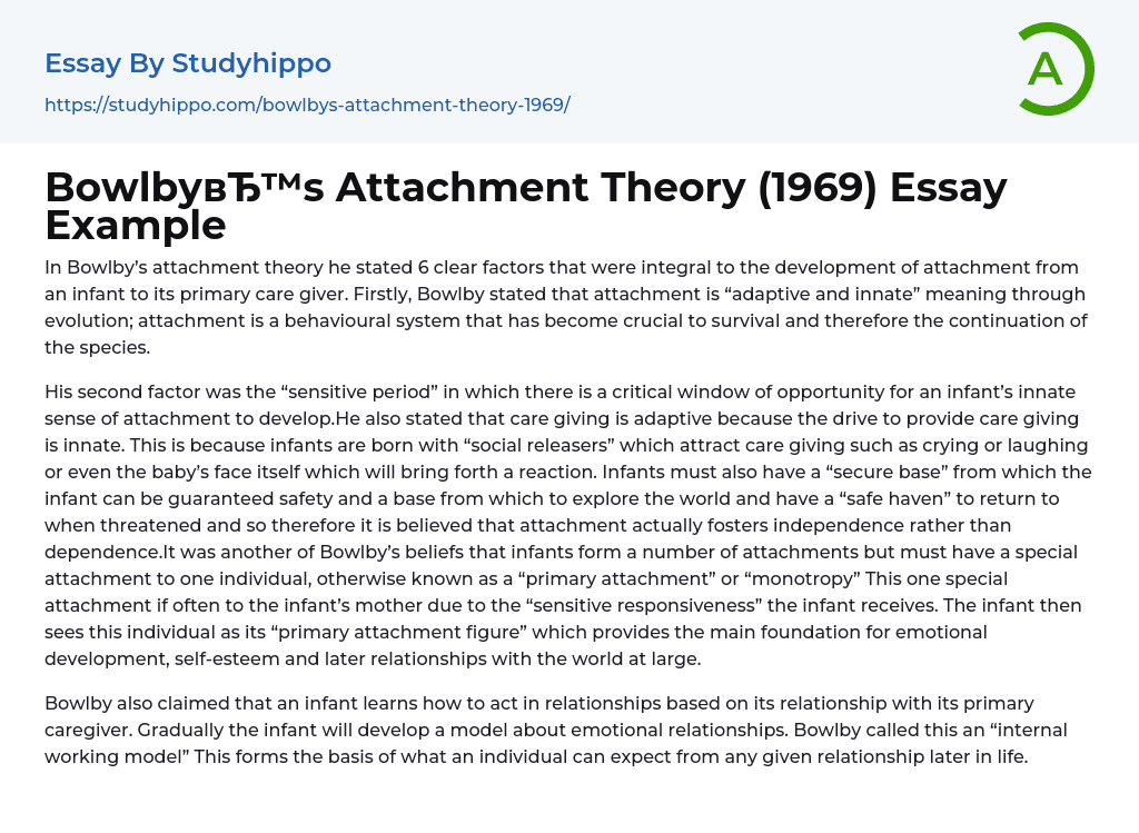 Bowlby’s Attachment Theory (1969) Essay Example