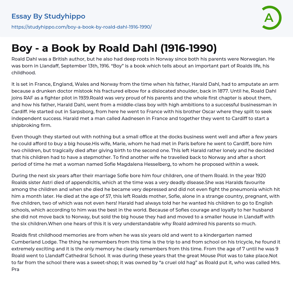Boy – a Book by Roald Dahl (1916-1990) Essay Example