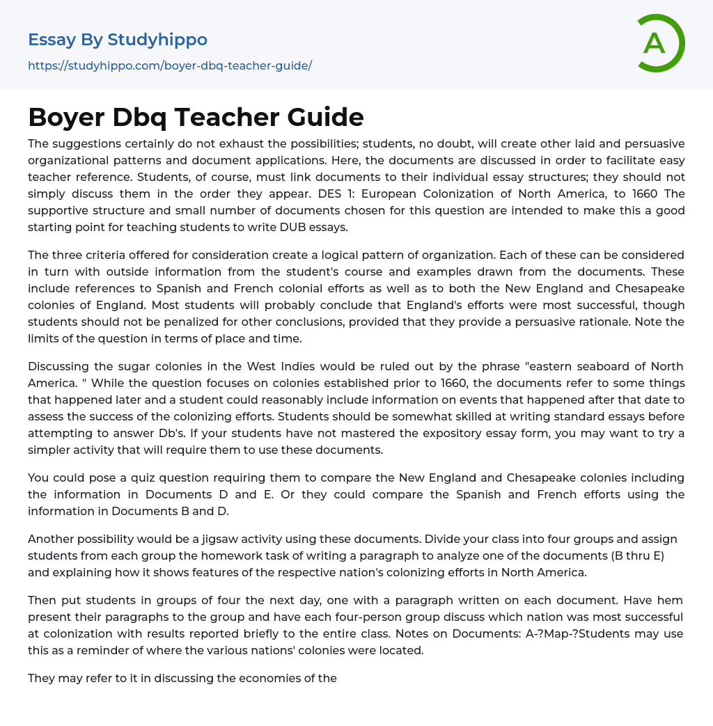 Boyer Dbq Teacher Guide Essay Example