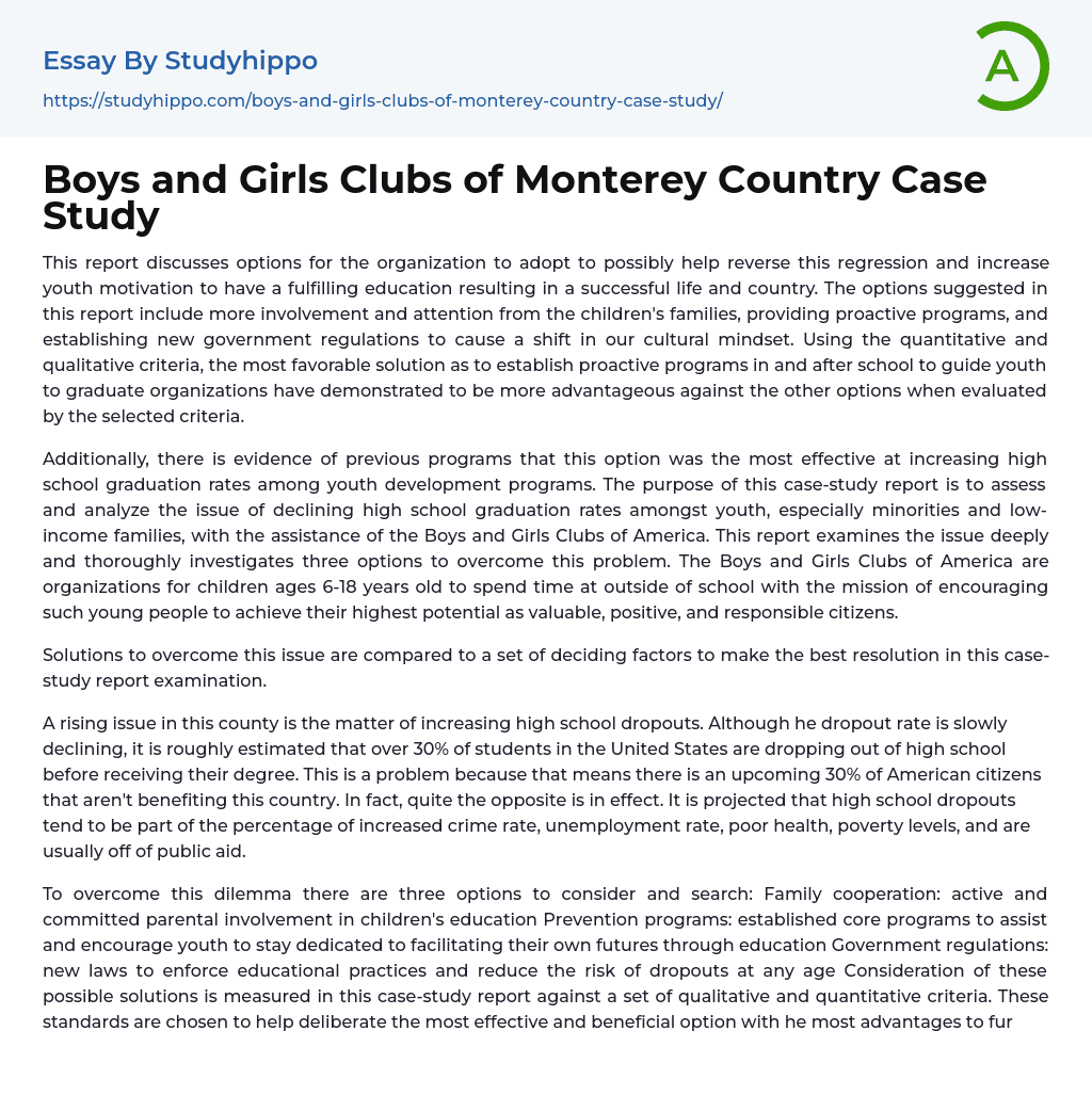 Boys and Girls Clubs of Monterey Country Case Study Essay Example