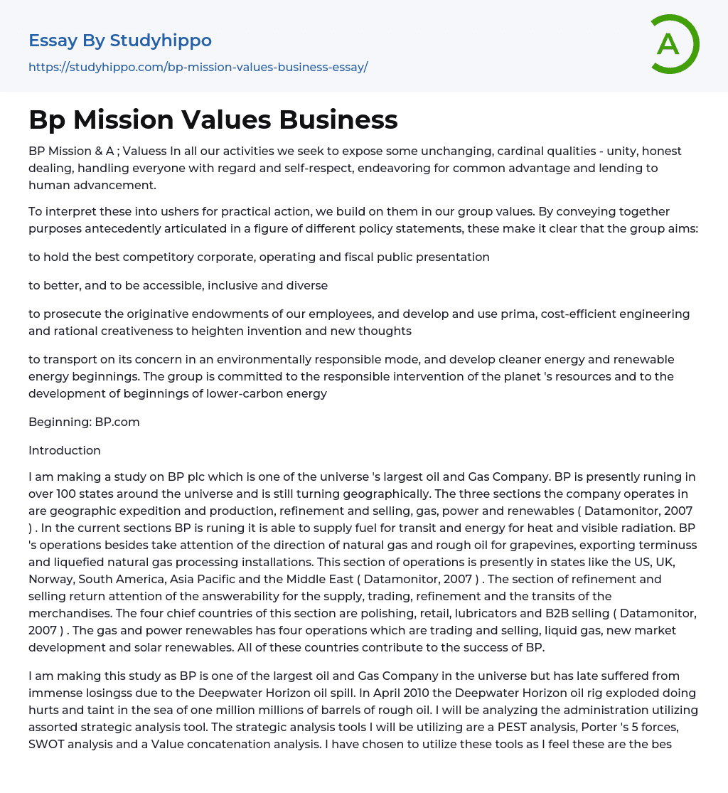 Bp Mission Values Business Essay Example