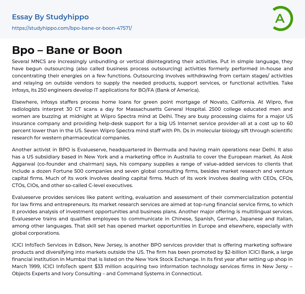 Bpo – Bane or Boon Essay Example