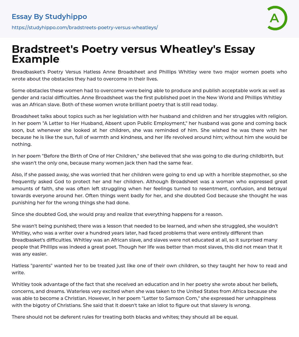 Bradstreet’s Poetry versus Wheatley’s Essay Example