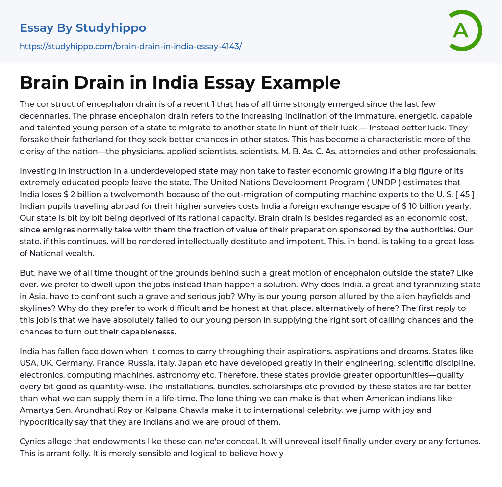 Brain Drain in India Essay Example