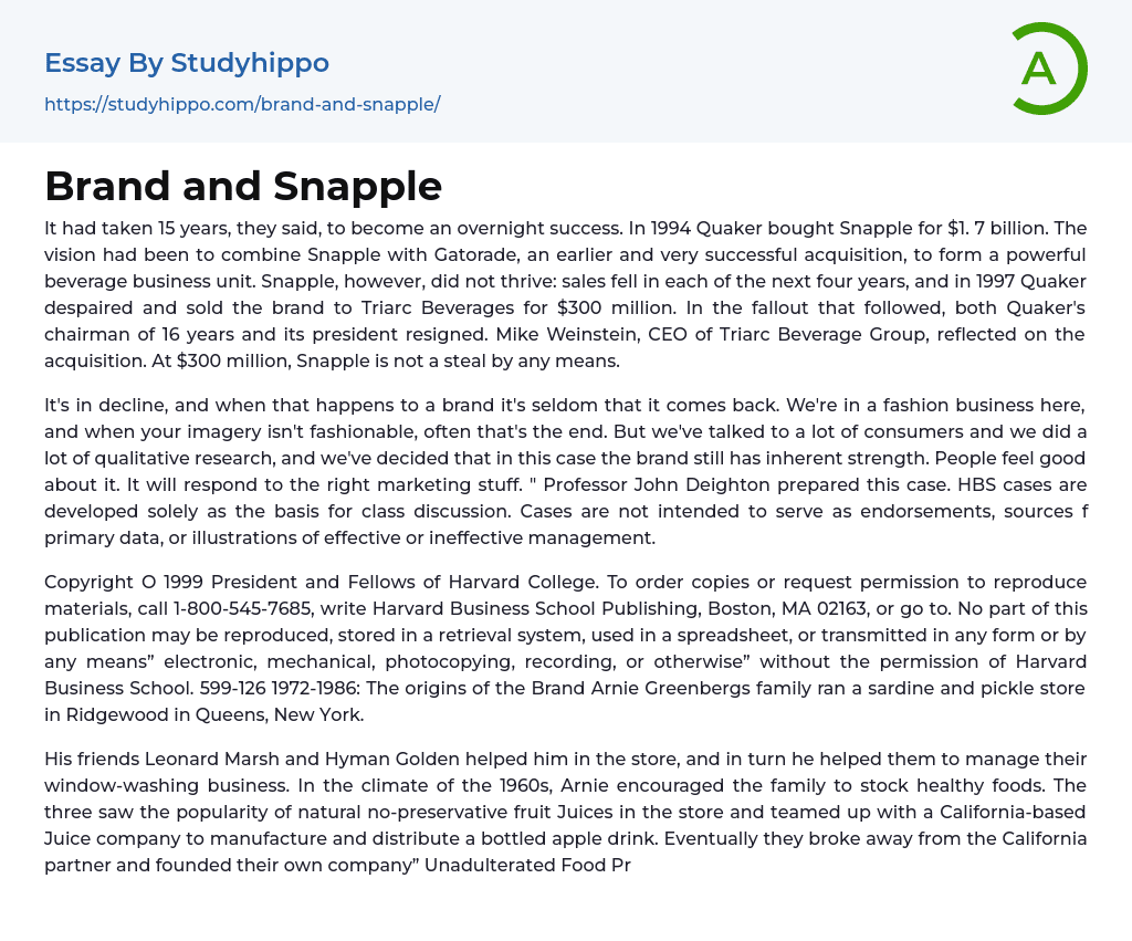 Brand and Snapple Essay Example