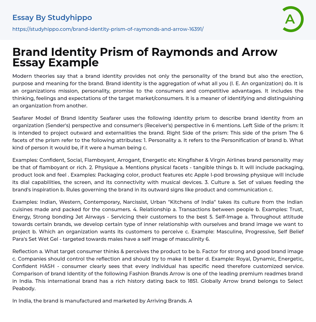Brand Identity Prism of Raymonds and Arrow Essay Example