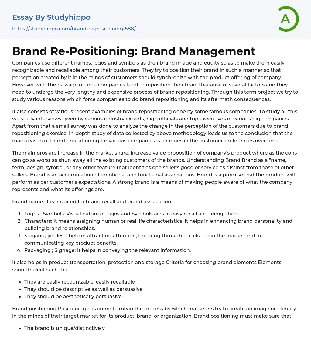 Brand Re-Positioning: Brand Management Essay Example