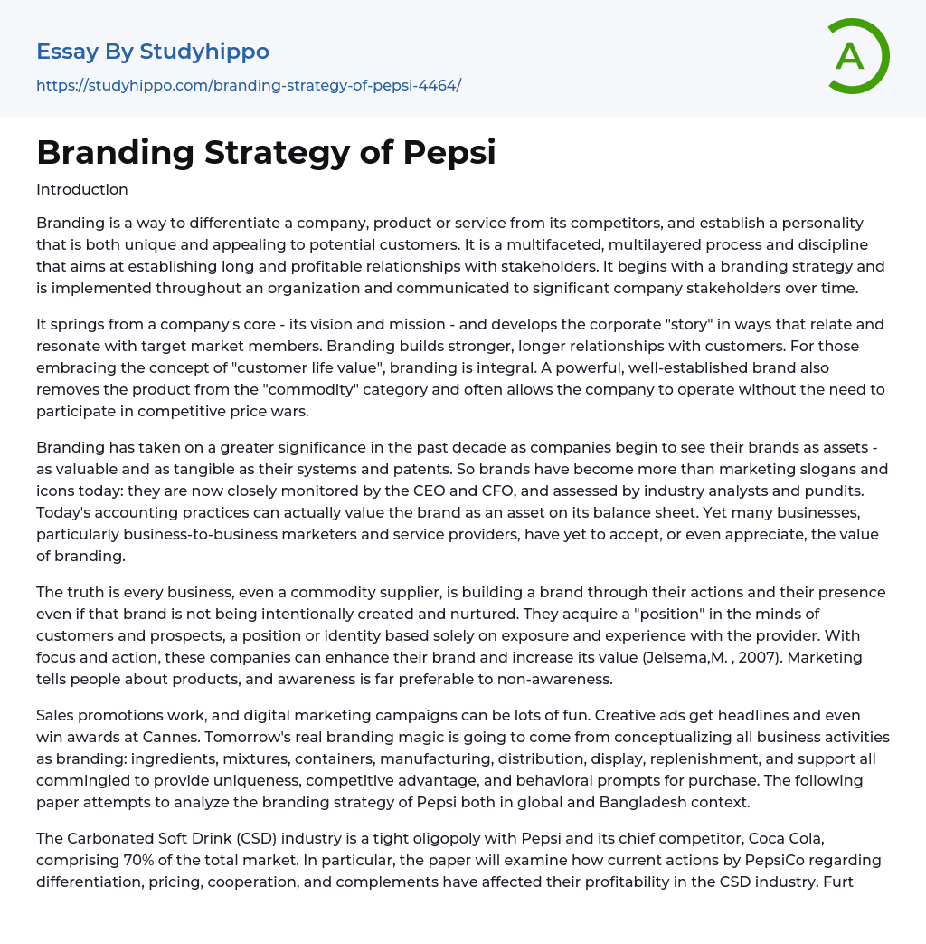 Branding Strategy of Pepsi Essay Example