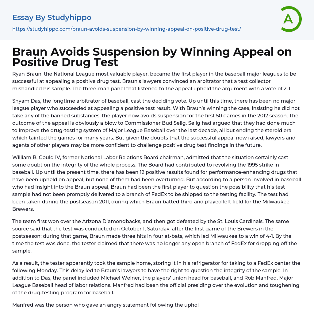 Braun Avoids Suspension by Winning Appeal on Positive Drug Test Essay Example