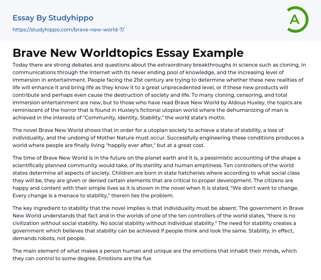 Brave New Worldtopics Essay Example