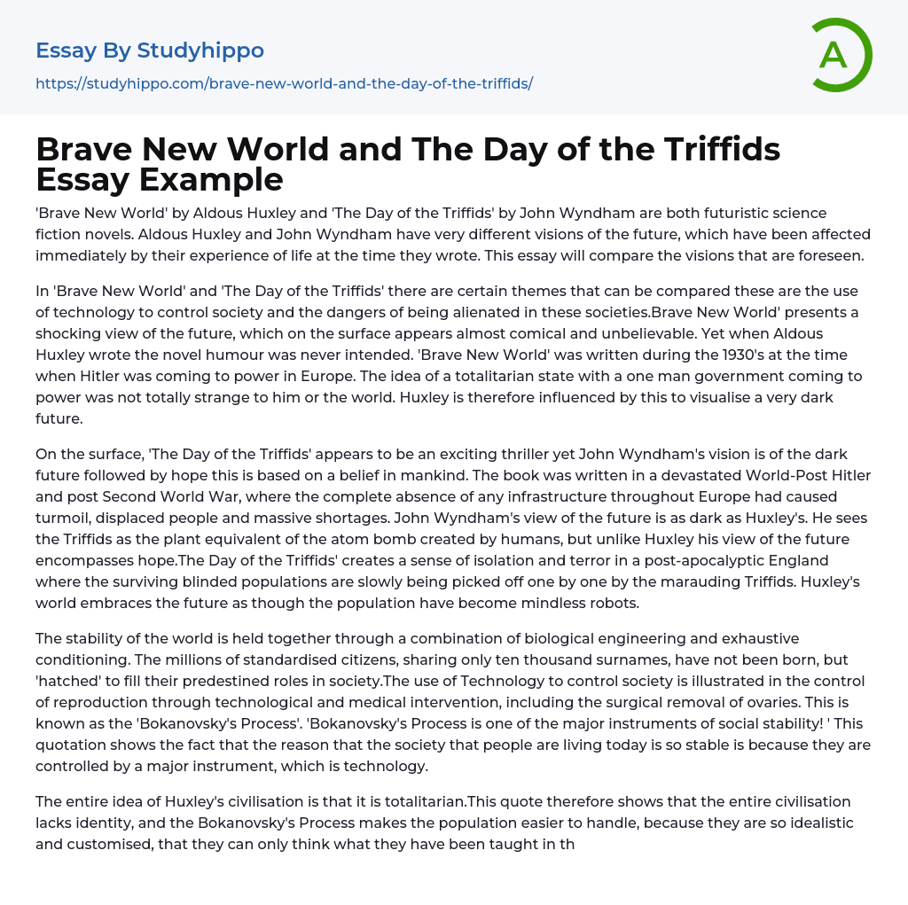 Brave New World and The Day of the Triffids Essay Example