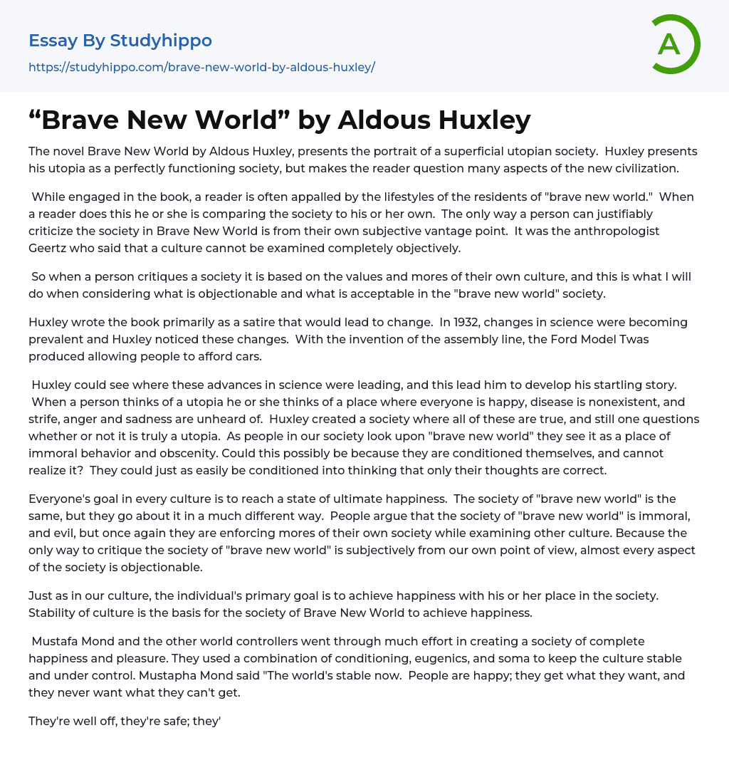 “Brave New World” by Aldous Huxley Essay Example