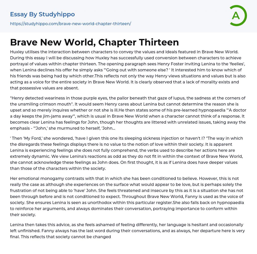 Brave New World, Chapter Thirteen Essay Example