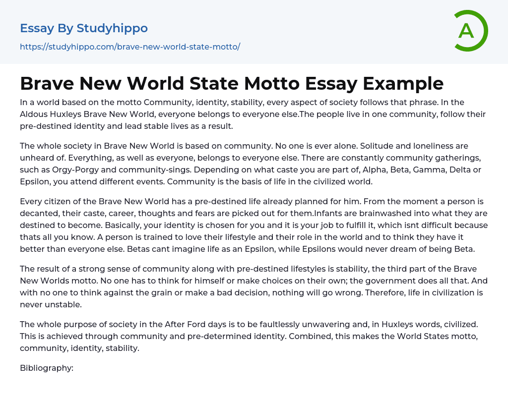 Brave New World State Motto Essay Example