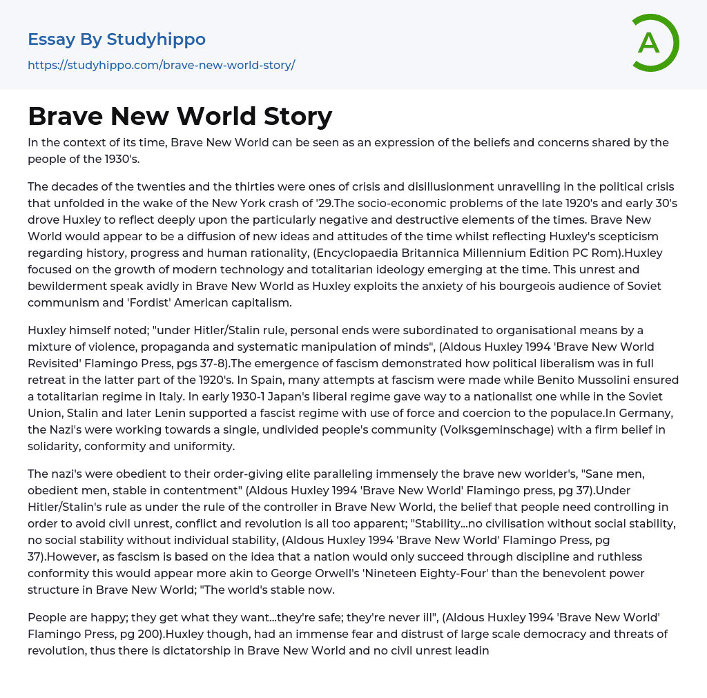 Brave New World Story Essay Example