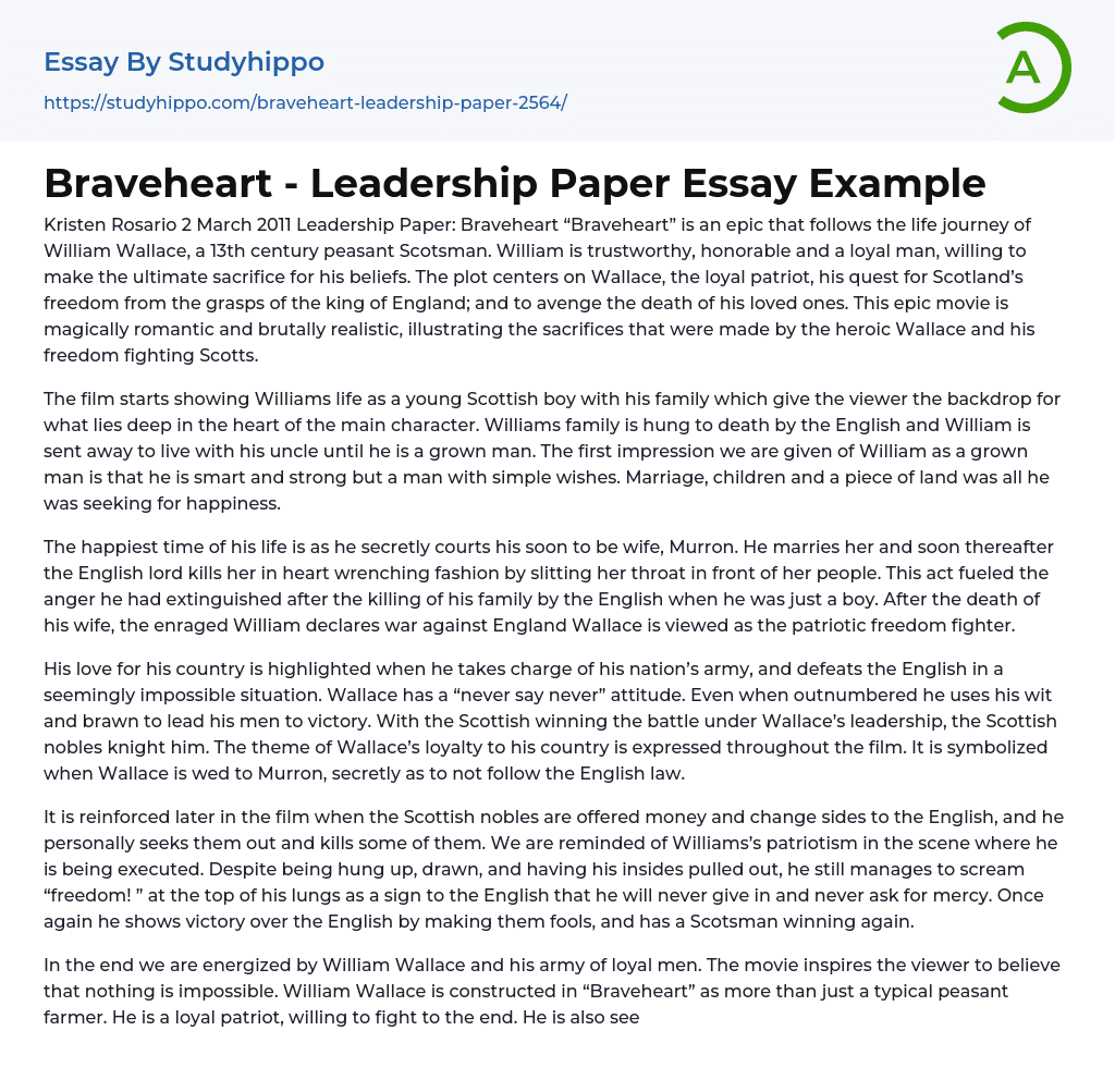 Braveheart – Leadership Paper Essay Example