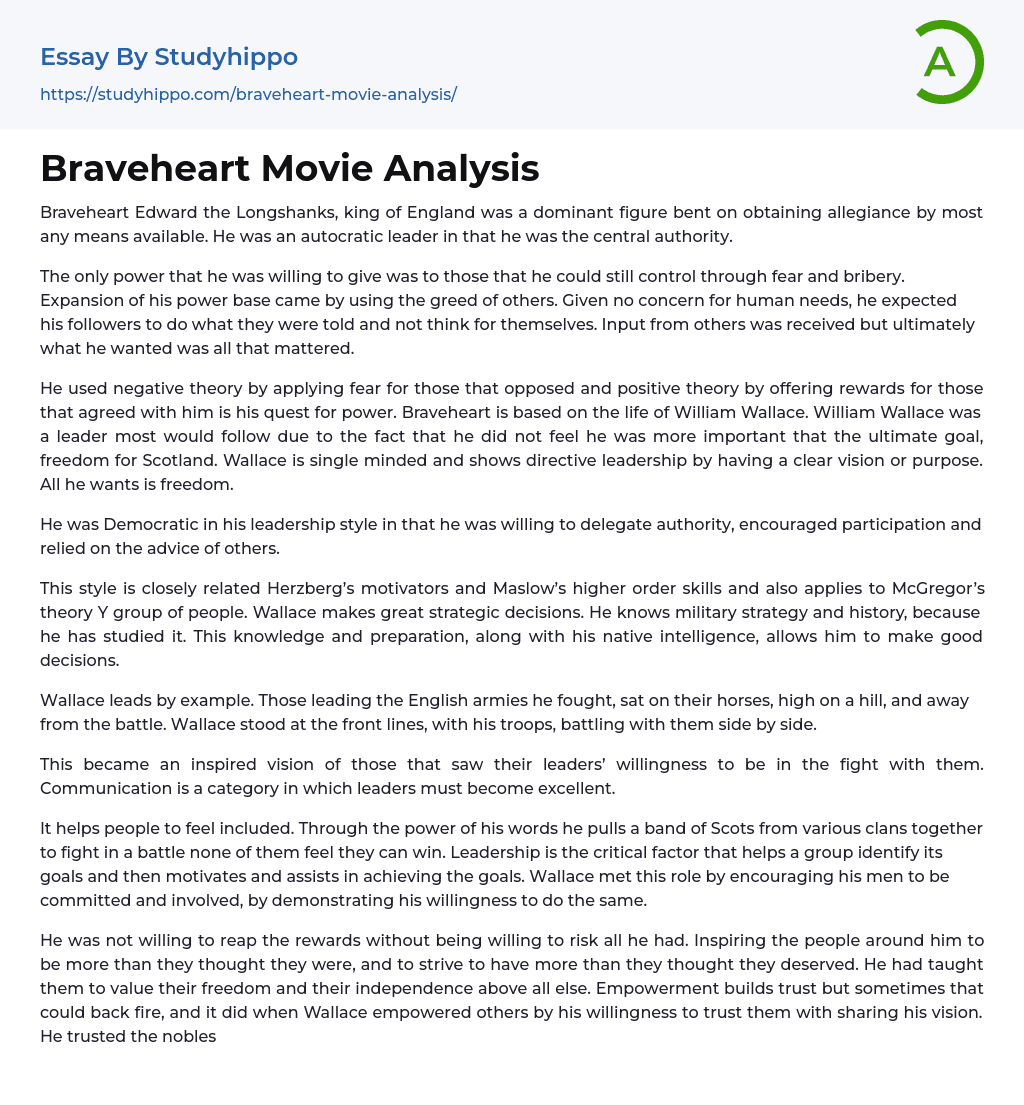 Braveheart Movie Analysis Essay Example