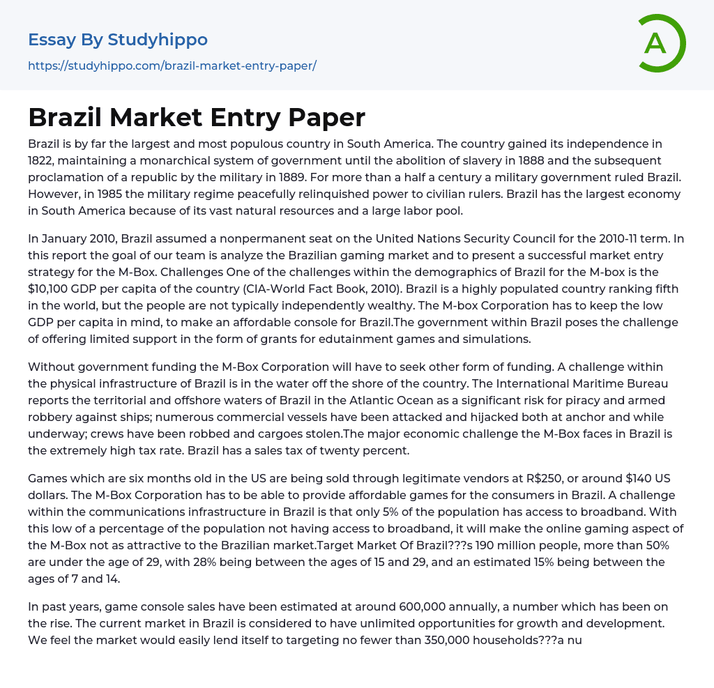 Brazil Market Entry Paper Essay Example