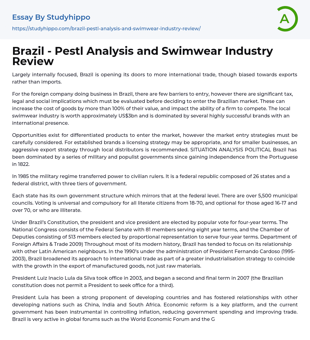 Brazil – Pestl Analysis and Swimwear Industry Review Essay Example