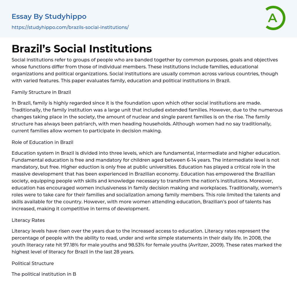 Brazil’s Social Institutions Essay Example