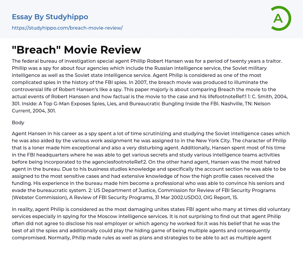 “Breach” Movie Review Essay Example