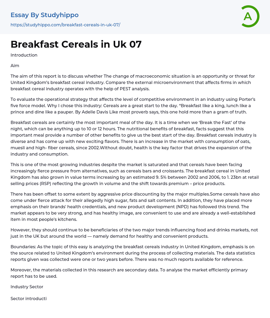 Breakfast Cereals in Uk 07 Essay Example