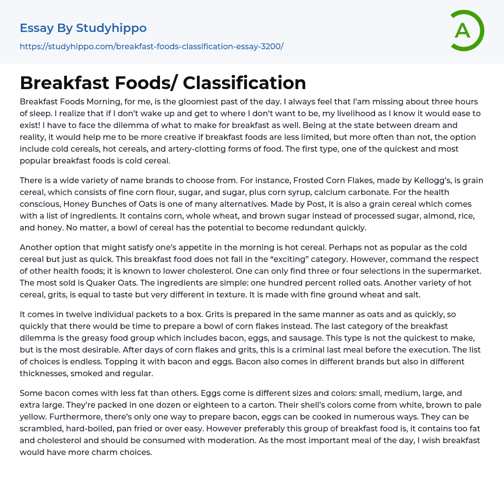 Breakfast Foods/ Classification Essay Example