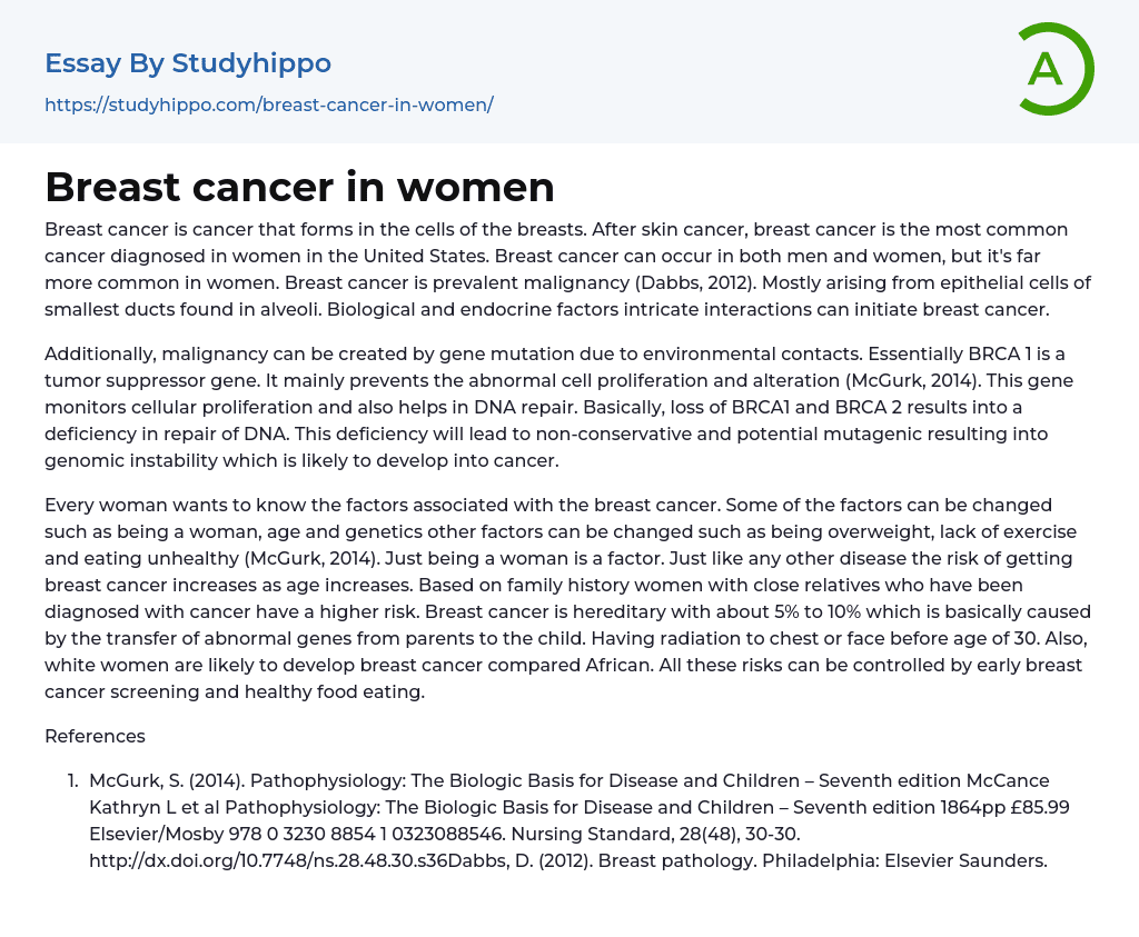 Breast cancer in women Essay Example