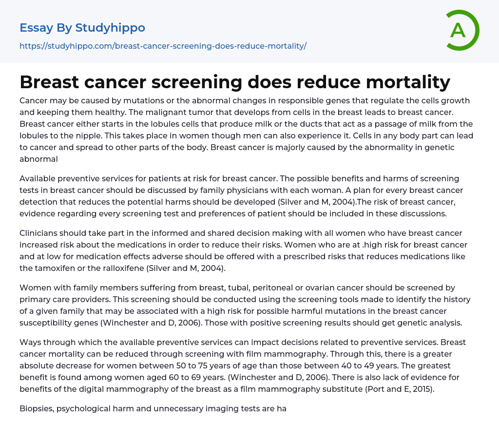 Breast cancer screening does reduce mortality Essay Example