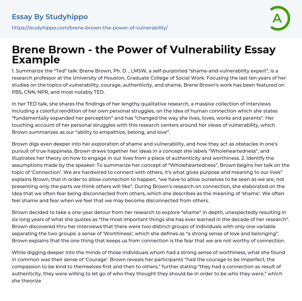 Brene Brown – the Power of Vulnerability Essay Example