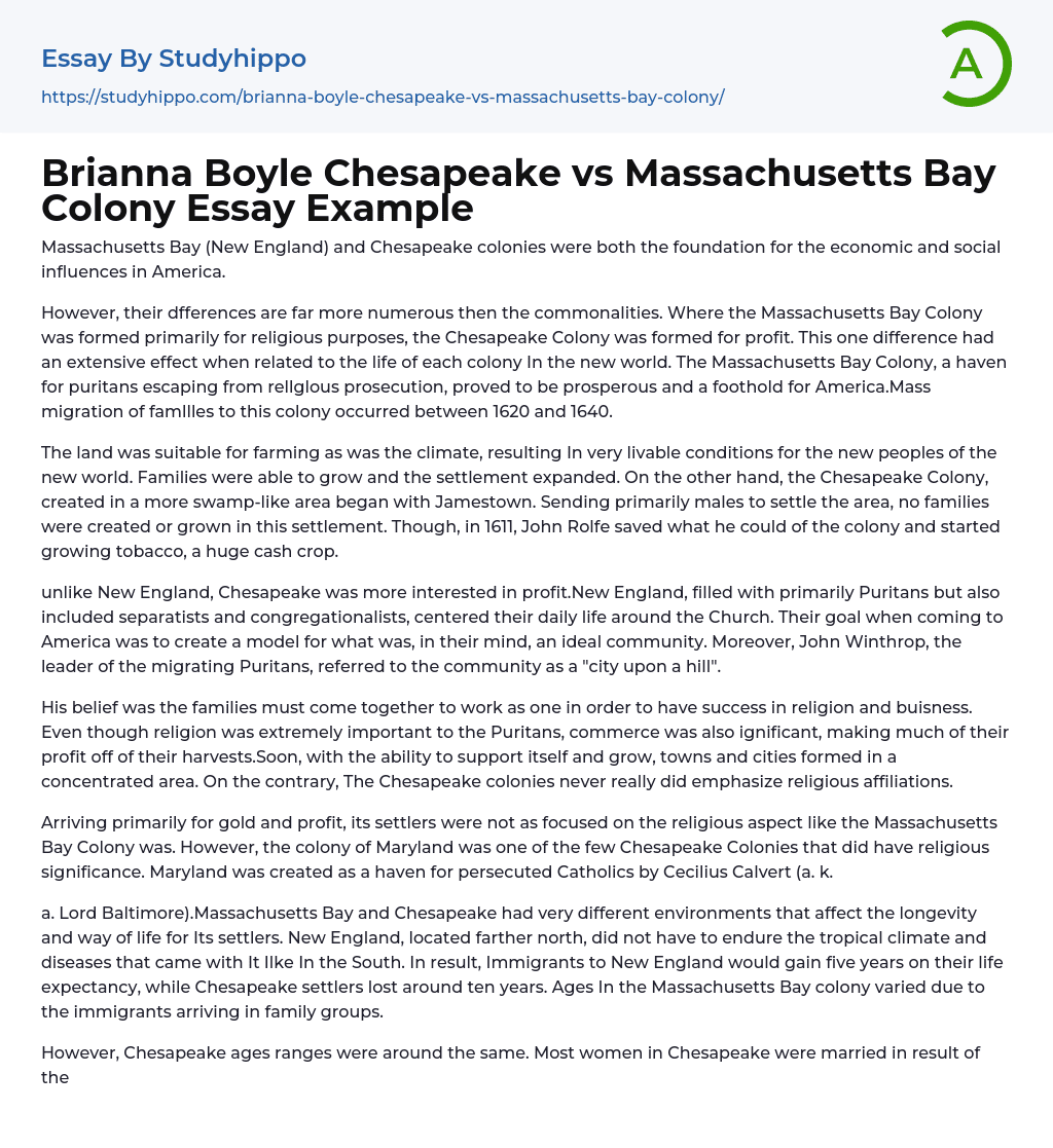 Brianna Boyle Chesapeake vs Massachusetts Bay Colony Essay Example