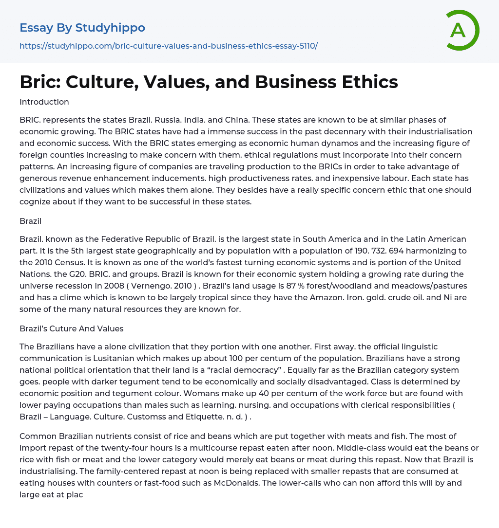 Bric: Culture, Values, and Business Ethics Essay Example