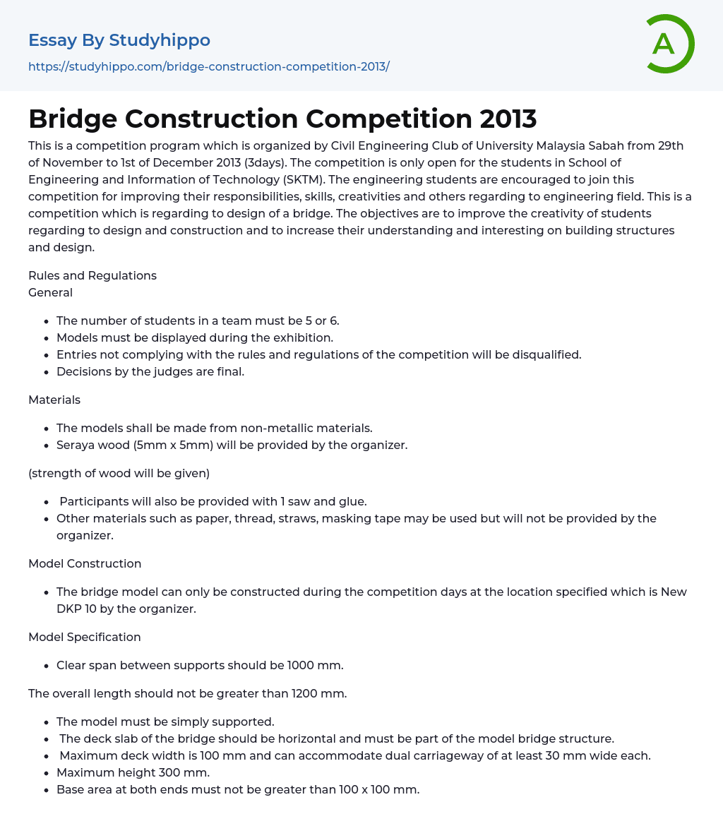 Bridge Construction Competition 2013 Essay Example