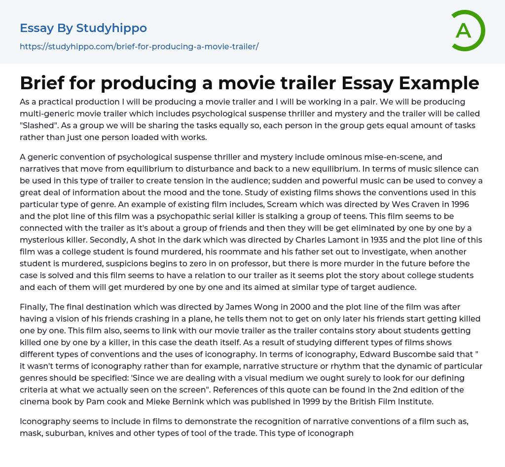 Brief for producing a movie trailer Essay Example
