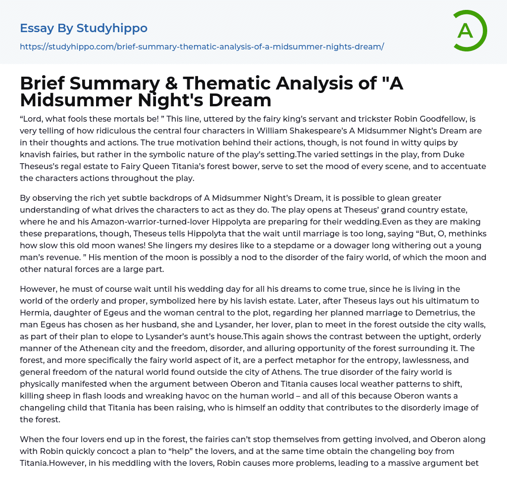 Brief Summary & Thematic Analysis of “A Midsummer Night’s Dream