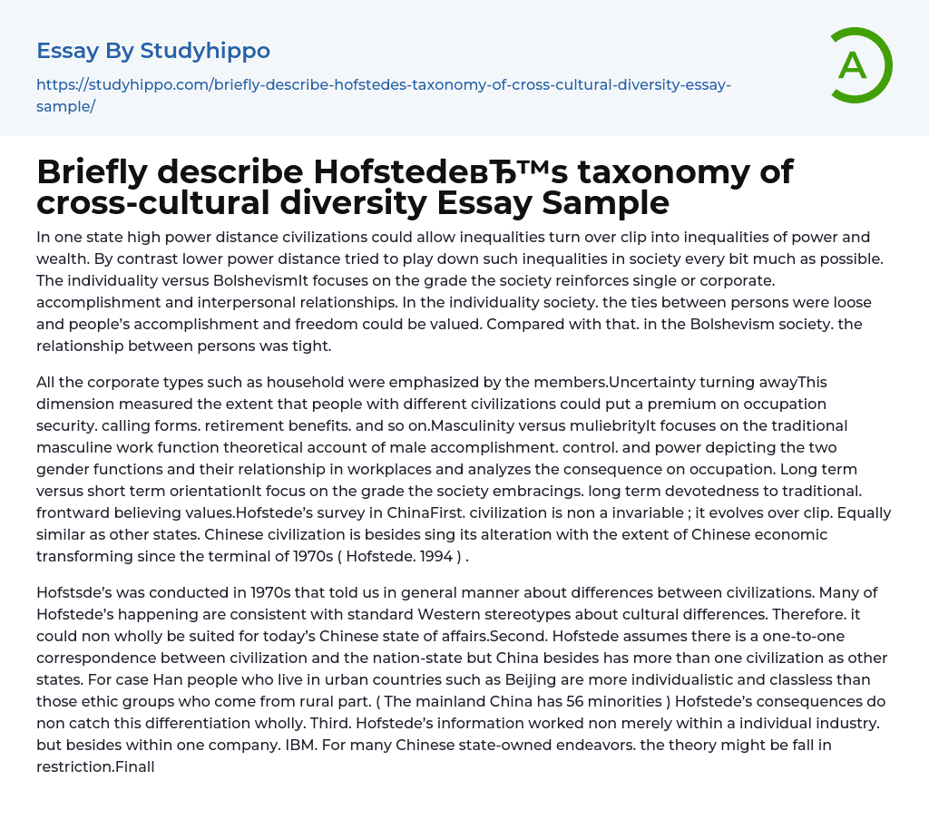 Briefly describe Hofstede’s taxonomy of cross-cultural diversity Essay Sample